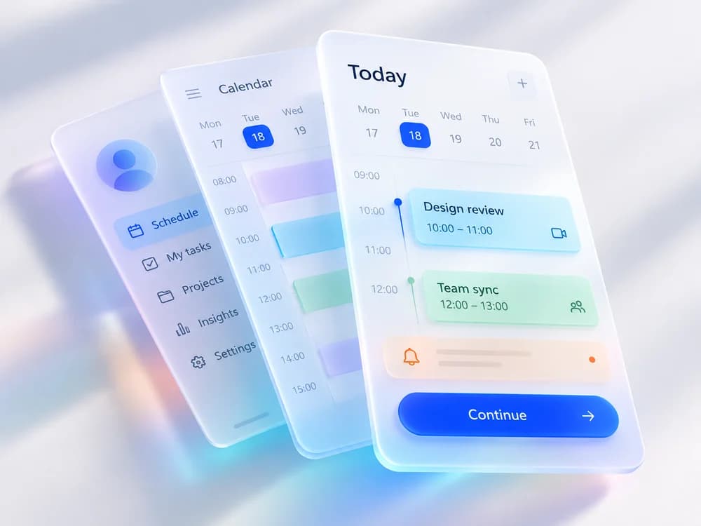 Mobile interface screens arranged as a floating product mockup