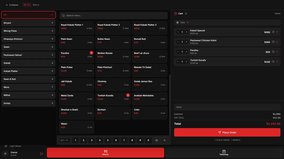 The ZeroBytes POS order screen, with a table's cart priced and totalled